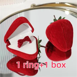 DAYUANDIAN Cute Strawberry Shape Ring Box Sweet Velvet Ring Adjustable Ring Couple Love Rose Ring Valentines Day Gift for Girlfriend Portable Flocking Box Earrings Case Best Gifts 2025 New Year
