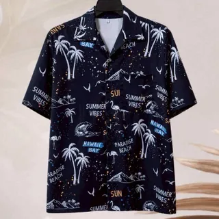 เสื้อเชิ้ตฮาวาย ลายต้นมะพร้าวกับนกฟามิงโก้ (พื้นสีดำ) ผ้าไหมอิตาลี