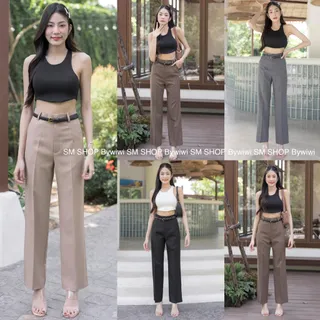 รุ่น SK กางเกงขากระบอก เอวสูง ตะขอหน้า ผ้าสลาฟผ้าโซดา ป้ายSMSHOP