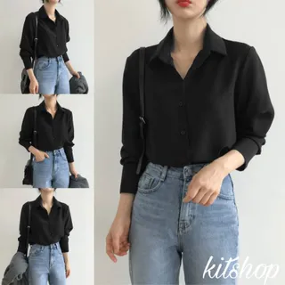 KT01 เสื้อเชิ้ตผู้หญิง สีดำ เสื้อเชิ้ตคอปกแขนยาวใส่เที่ยว ใส่ทำงาน เนื้อผ้าไหมอิตาลี่ รีดง่ายสวมใส่สบาย