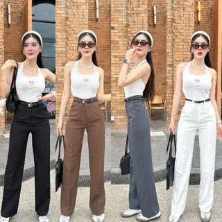 🌈SpinnyHouse🌈กางเกงขากระบอก กางเกงเอวสูง เก็บพุง 💖 กางเกงใส่ทำงาน พรางหุ่น กระเป๋าใช้งานได้จริง รุ่น กางเกงa80