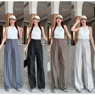 กางเกงทรงกระบอกใหญ่ Classy pants ผ้าโซดาพื้นพรีเมี่ยมเนื้อผ้าเกรดเนียนนุ่ม ทิ้งตัวสวย  ทรงกระบอกใหญ่ เเต่ง 2 จีบทวิต
