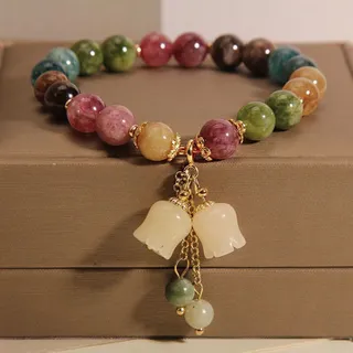 VINTLOOK สร้อยข้อมือเม็ดลูกปัดดอกบัวสีรุ้งสไตล์หรูหราสำหรับผู้หญิง