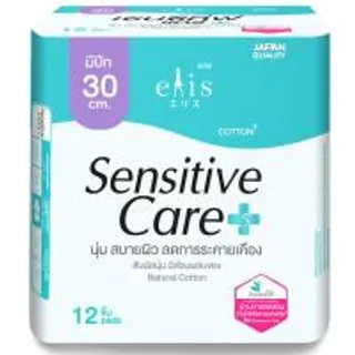 เอลิสเซนซิทีฟแคร์ผ้าอนามัยแบบสลิมมีปีกสำหรับกลางคืน 30ซม. 12ชิ้น Elis Sensitive Care Sanitary Napkin Night Slim Wings 30cm. 12pcs. (8858947831216)