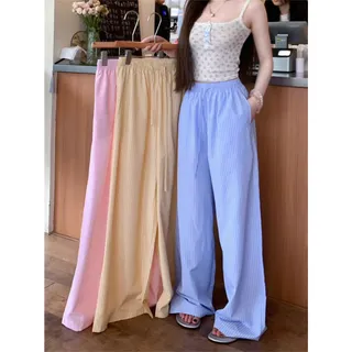 กางเกงลายทาง กางเกงขายาว ทรงหลวม สาวอวบใส่ได้ เอวยืดเยอะ #111123