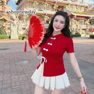 ( เฉพาะเสื้อ ) เสื้อตรุษจีน ผ้าวูลเวฟคอจีกติดกี่เพ้าหน้าผ่าหน้าแต่งโบว์ A5845