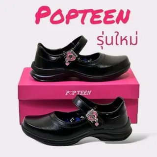POPTEEN ป๊อบทีน รุ่นใหม่ล่าสุด รหัส PT99 มาพร้อมกับหัวใจตุ๊งติ๊ง สุดน่ารัก รองเท้านักเรียนหญิง รองเท้าหนังดำ PVC มีขนาด 30-42 รองเท้านักเรียน4eve