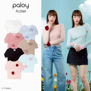 [Best Seller] Paloy - PL2360 Camellia Top เสื้อดอกคามิเลีย เสื้อแขนยาว ทรงเข้ารูป ปลายแขนแต่งดอกคามิเลีย