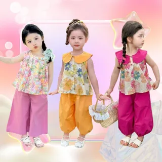 MooDeng Baby ชุดสองชิ้น คอตุ๊กตา เสื้อผ้า แฟชั่นเด็ก ฤดูร้อน เสื้อกั๊ก ชุดเสื้อแขนกุด 80-150 ซม. สำหรับเด็กผู้หญิง กางเกง