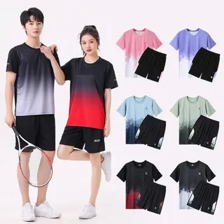 Yomo Sport  ชุดสีไล่ระดับสี ชุดสองชิ้น แขนสั้น+กางเกงขาสั้น กระเป๋าด้านข้าง กีฬา ออกกำลังกาย ขนาด: M-5XL