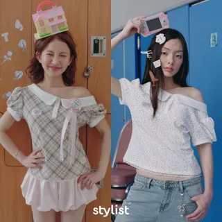 ( PREเฉพาะLightPink 30-45 DAYS ) STYLIST x Brinkkty - Lana-025  เสื้อปาดไหล่โปโลแขนตุ๊กตา